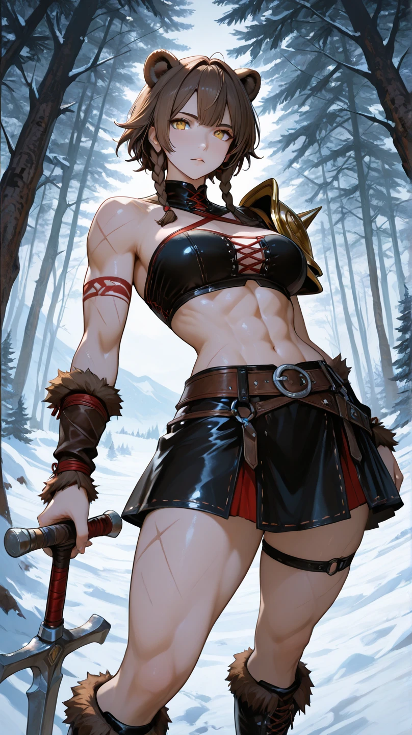 ((Simon Bisley)), Beautiful full-bodied woman, 30 years old, muscular and perfect body, Viking warrior with little clothing, tiny thong, polar bear skin as cape, large breasts, generous neckline, holding a blood-stained sword, brave face, dark kingdom, sexy pose, walking in a Viking village in the snow