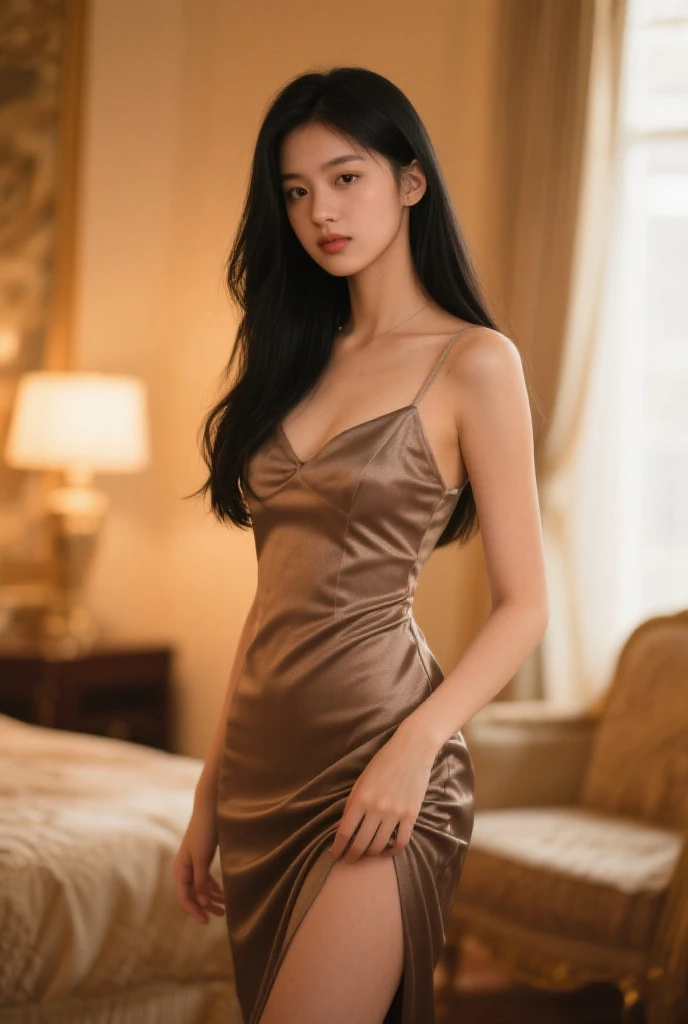 ((Realistic lighting, Best quality, 8K, Masterpiece: 1.3)), ((flat chest)), camisole,,Clear focus: 1.2, 1girl, Perfect Figure: 1.4, ((Dark brown hair)), (bodycon dress: 1.4), beach, Super fine face, Fine eyes, Double eyelids, (half body)