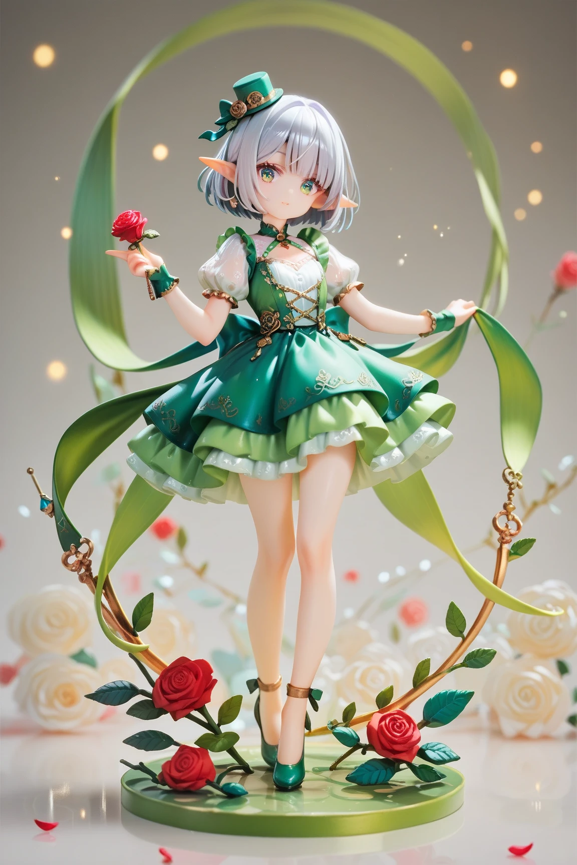 score_9, score_8_up, score_7_up, score_6_up, score_5_up, score_4_up, looking at viewer, 
 1girl, ELF_NK, mini hat, silver short bob cut, green dress, Rose Embroidery, full body:1.3