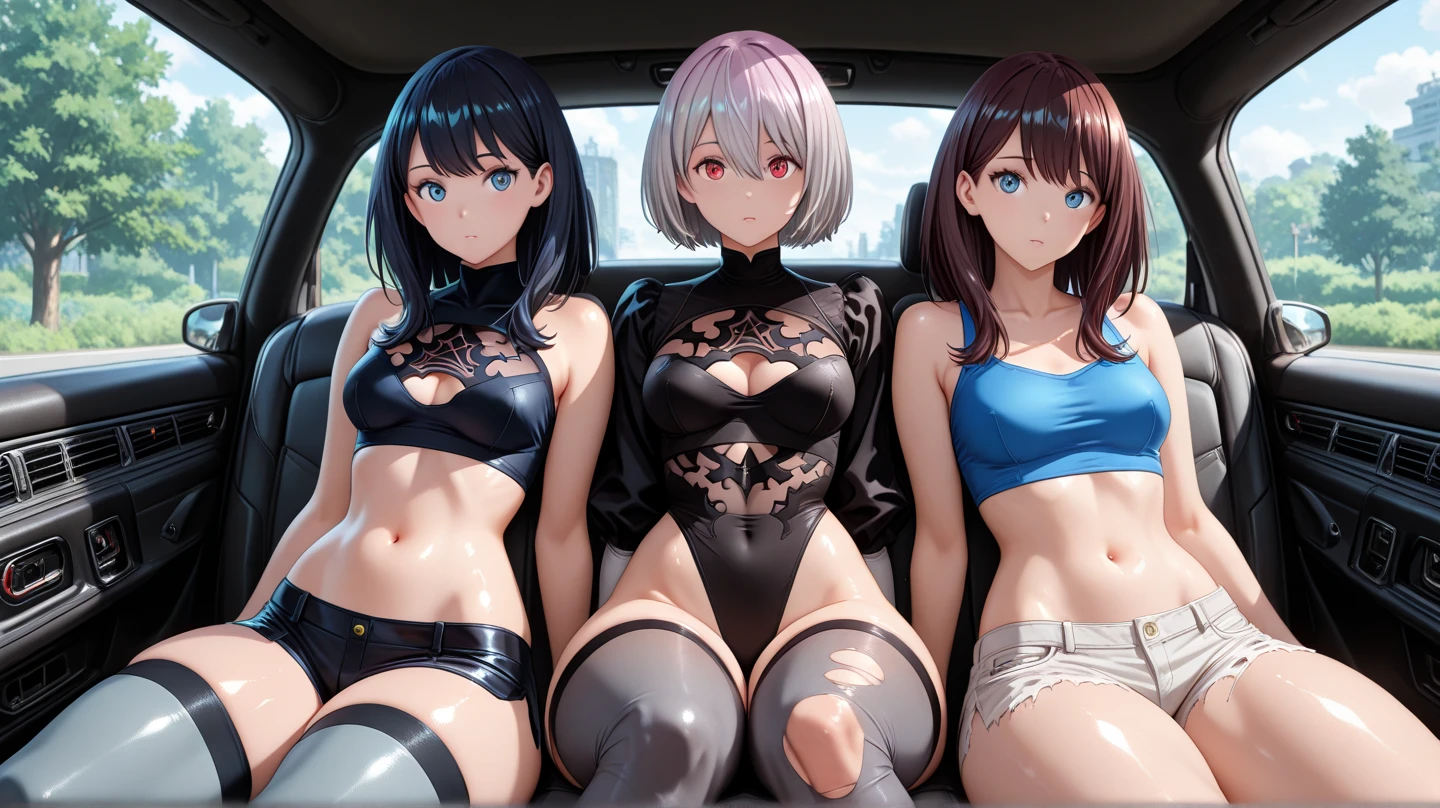 ((highest quality)), ((masterpiece)), (3 girls:1.5), Cute girl is posing for the camera, (In a luxury car), (sit with feet together), (shirtを持ち上げる:1.5), (open your mouth and smile:1.3), ray tracing, ((topless)), (), nipple, chest, hair band, head band, hair bobble, blouse, shirt, (high definition thighs), (high resolution fingers), ((No panties)), Pussy, Asian, Westerners, silver hair, brown hair, blonde, (belly button), jewelry, looking at the viewer, necklace, long hair, short hair, (abs),(written boundary depth),