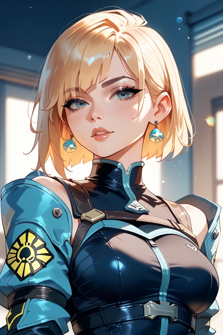 young girl, short blonde hair, turquoise eyes, smirk, Suit with white fork, Gold Elements, open shoulders, Masterpiece, hiquality, 4k, HD, Good detail
