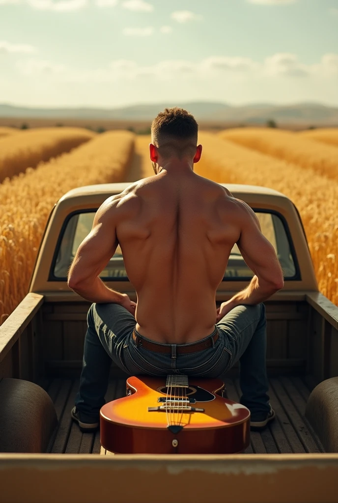 1 man, muscular body, 18 years old, wearing no shirt, half body naked, and black micro thong, vibrant and energetic, playing guitar passionately, surrounded by a lush green garden with colorful flowers in bloom. (best quality,4k,8k,highres,masterpiece:1.2), ultra-detailed, (realistic,photorealistic,photo-realistic:1.37) medium, bokeh, portraits, vivid and warm color palette, sunset lighting.