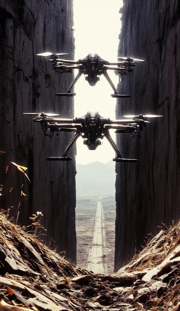 Drons are searching for crops under destroyed tunnel dark are light is far far away from tunnel fully detailed broken roads 