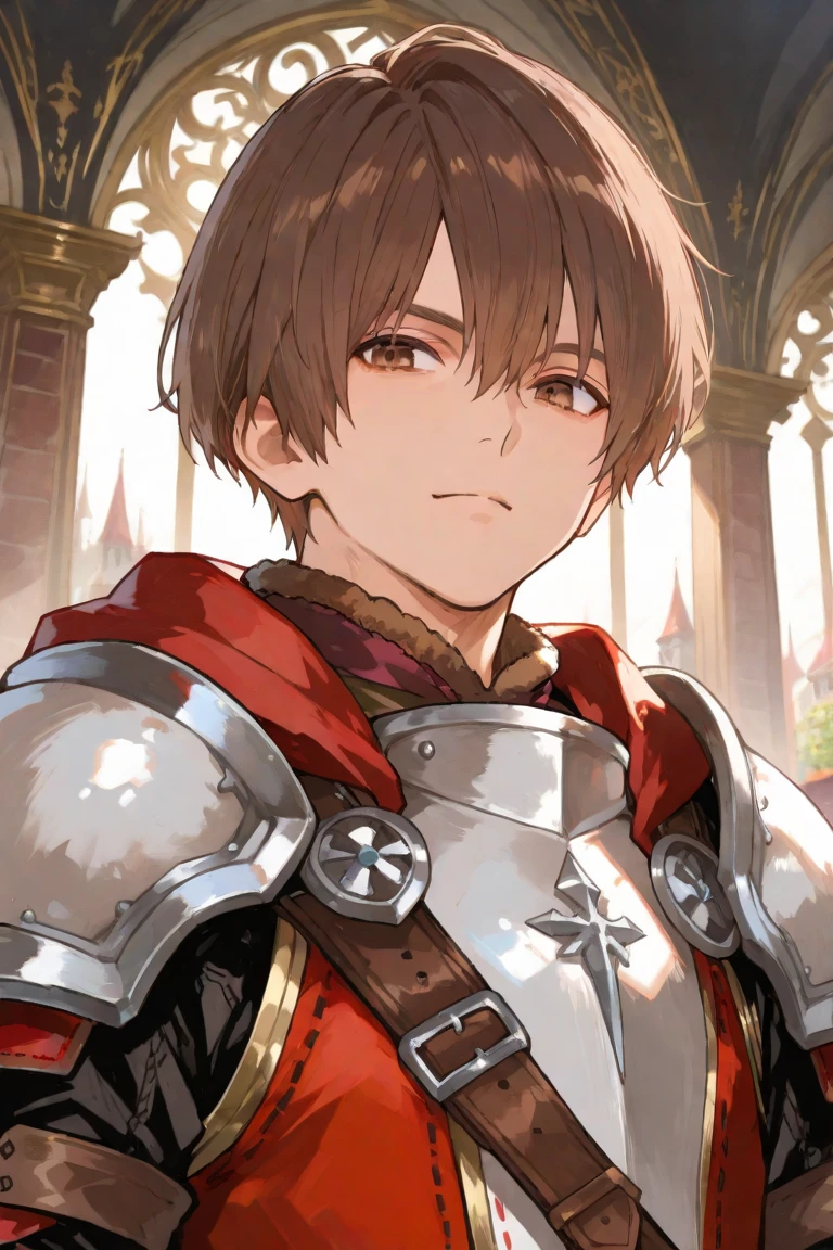 a 17-year-old age boy, 1 boy, brown short hair, light brown short hair, short hair parted in the middle, man's short hair with locks, bright green eyes, without a beard, without a goatee, no facial hair, silver and red colored medieval knight armor, red clothes