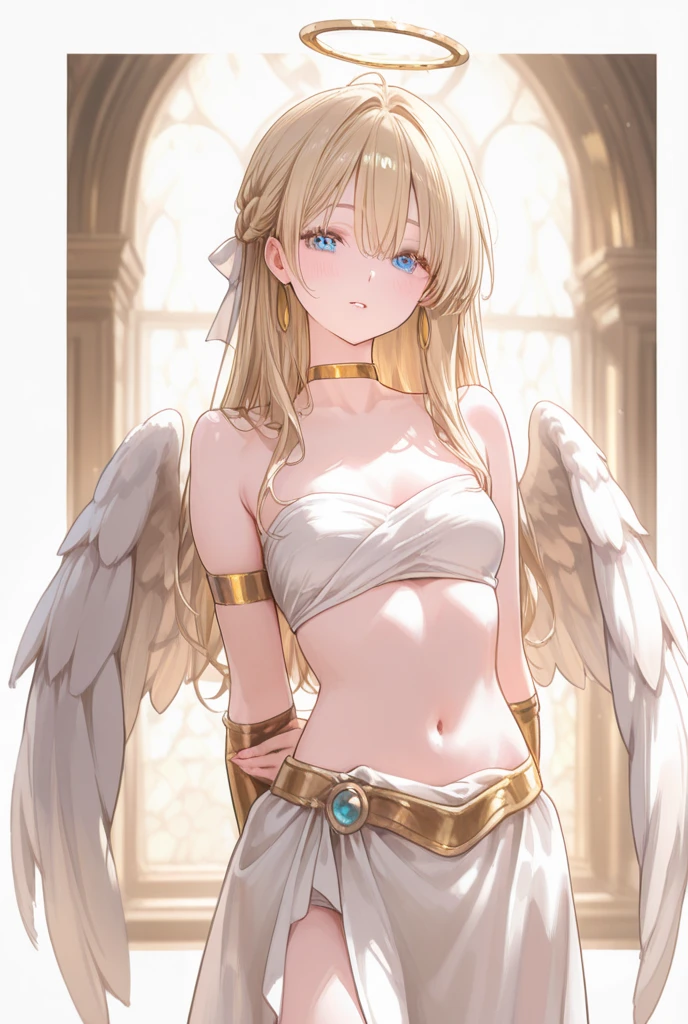 flat chests, nsfw, masterpiece, 1 girl, erect nipples, intricately detailed, topless, navel, bare shoulders, necklace, blonde, long hair, white skirt, angel wings, flying, extremely detailed, photorealistic, octane render, 8 k, unreal engine, bare breasts, puffy nipples, blue eyes, extending hand, sky, fantasy, enchanted, angel, bare stomach, sweaty, child, small breasts, flat chest, arm strap, full body, halo, wings, feathers, light, smiling, outdoors, bangs between eyes, hair ornament, white sarong, gold thigh strap