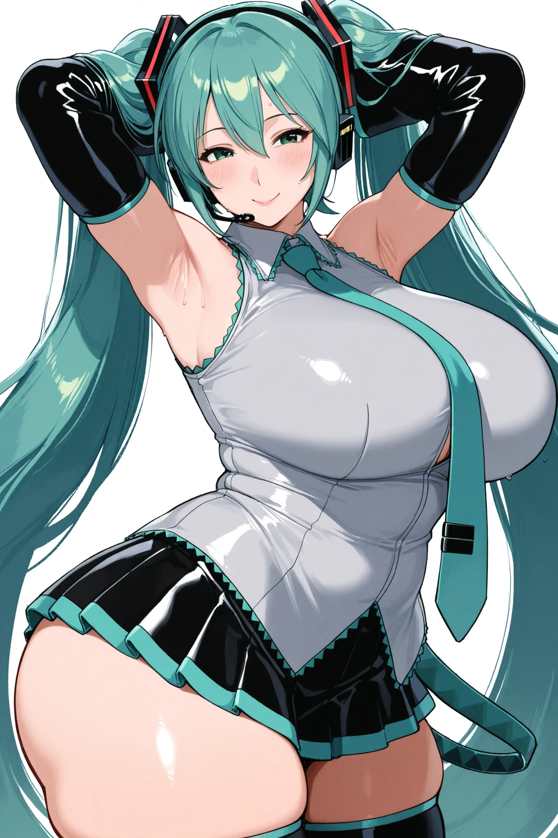 (best quality, masterpiece, high resolution, ultra detailed, detailed skin, intricate eyes), (1 girl, five fingers, beautiful hands:1.4), (hatsune miku:1.5), (12 years old, cute face, pretty face), BREAK (wink, spread legs, one eye closed:1.2), (on the road, arms up, open mouth, smile, blush, sweat, gleaming skin:1.5), (looking away, dynamic angle:1.9), BREAK (teal twintalls, teal long twintall, blue eyes), BREAK (solid white blouse with blue edge, solid white sleeveless clothe with blue edge, solid white collar), BREAK solid blue necktie, BREAK (black independent sleeves, black detached sleeves), BREAK (black pleated skirt, skirt hem blue, wind lifted skirt), BREAK (fully exposed panties, blue stripes panties, intricate panties:1.4), BREAK (black thighhigh boots, black thighhigh) BREAK (huge breasts, gigantic breasts, sagging breasts:1.4), (thin waist, small hip:1.4), (thick thighs:1.7)