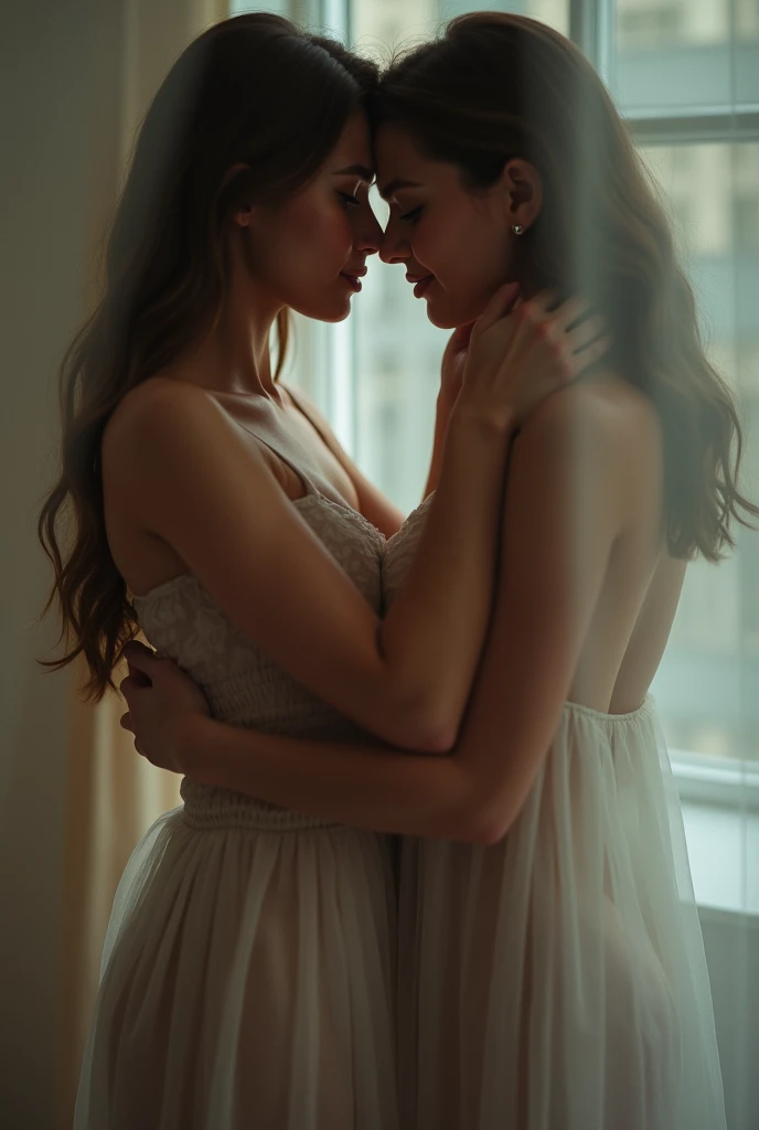 Two naked women kissing each other while masturbating