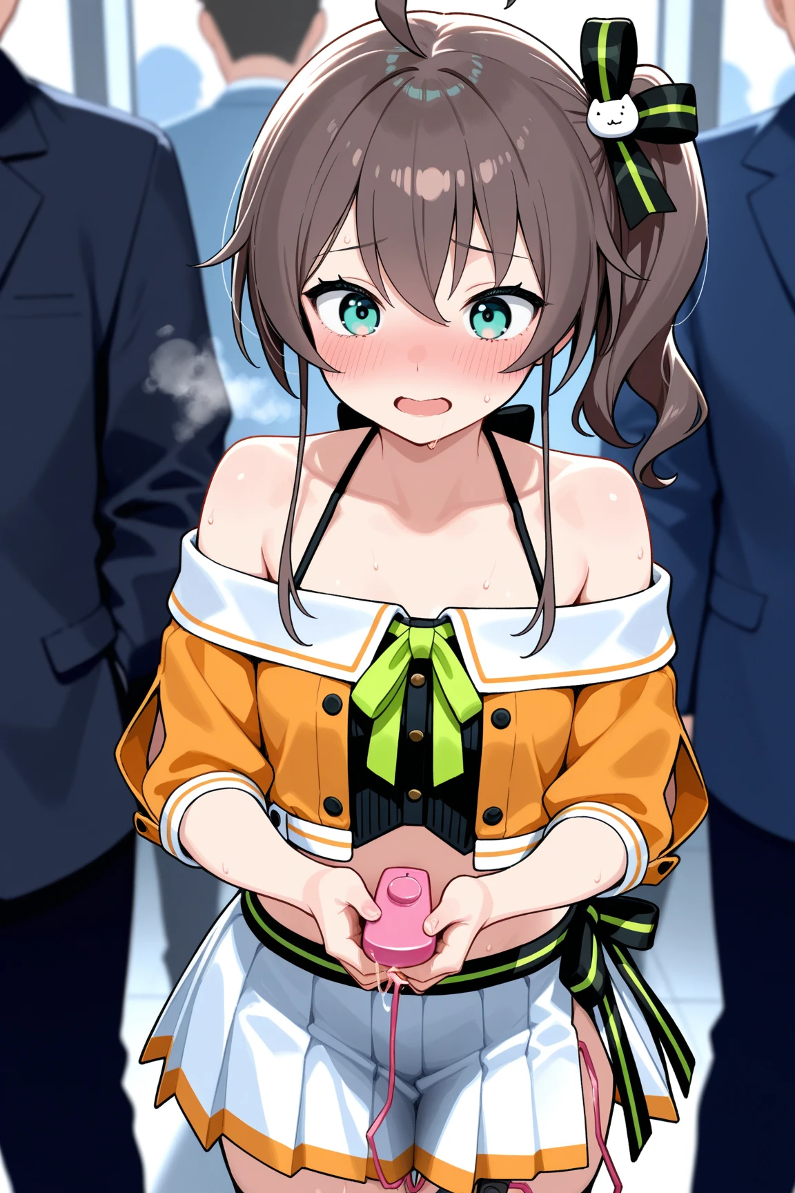 futaba,1girl,solo, brown hair, hairband, purple eyes, blush,looking at viewer, closed mouth, bangs, naked, green hairband,twintails, sitting, knees up, (futanari:1.4), (penis:1.35), (nipples:1.47), cute, (:1.6), (ejaculation:1.4)