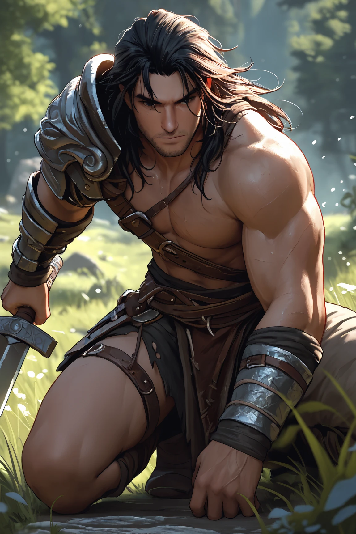 masterpiece, high quality images, high detailed faces, perfect faces, a realistic drawing of Conan the Barbarian with a sword and a sword, Estilo Frank Frazetta, Illustration by Conan, the Barbarian, Frank Frazetta estilo realista, inspirado em Frank Frazetta, inspirado em Clyde Caldwell, Desenhado no estilo de Mark Arian,  Inspirado em Ken Kelly, inspirado em Ron Spears, um vale sombrio cheio de esqueletos, Fantastic Art, 8k