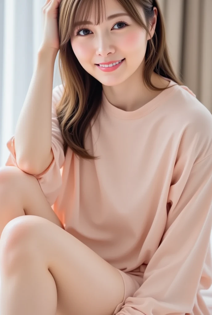 Home bedroom、loose pajamas、Japanese actress、2、Slightly brown medium-long straight hair、Alcohol on the table、Have champagne、nice smile、Clean-cut features、Japanese woman sitting on the sofa, cute, Girlish, A gentle woman, beauty, A little , Narrow waist, Sexy lips, Illumination, Textured skin, Professional photography, Soft Light, Professional Lighting, Backlight,, Brown Hair, 18-year-old、Big kind eyes、Gentle features