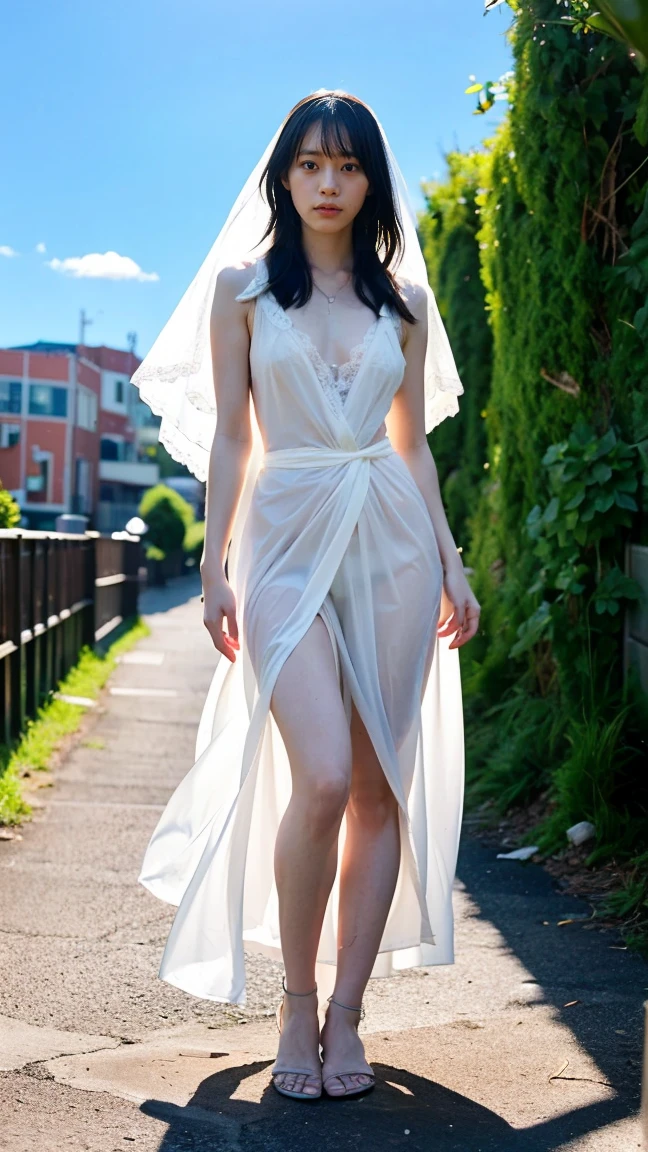 ((top-quality、8K分辨率、Master masterpiece、Portrait:1.3)), Photorealsitic, tissue, 35㎜ film, 1 Japan Woman, Middle-aged woman, 49 years old, Medium bob、Bridal Up , tiarra、Wedding Veils、Pearl Necklace、Wrinkles at the corners of the eyes, Plump body, blush、Seductive smile、naughty expression、wedding dress、See-through white lingerie、Garter belt stockings, (standing nipple:1.5) Underwear、Flower garden in full bloom、The fountain、plein air、during the day、toppless