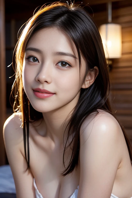 masterpiece, best picture quality, high quality, beautiful girl, Japanese, Japanese school girl, popular Korean makeup, detailed, swollen eyes, detailed eyes, detailed skin, beautiful skin, ultra high resolution, (reality: 1.4), very beautiful, slightly younger face, beautiful skin, slender, (ultra realistic), (illustration), (high resolution), (8K), (highly detailed), (best illustration), (beautifully detailed eyes), (super detailed), (wallpaper), (detailed face), looking at viewer, fine details, detailed face, pureerosfaceace_v1, smiling, looking straight ahead, looking straight ahead, angle from waist up, realistic photo, bright lighting, professional lighting, blonde, long hair, dark ruins, big red moon, mature woman, long stylish bangs,