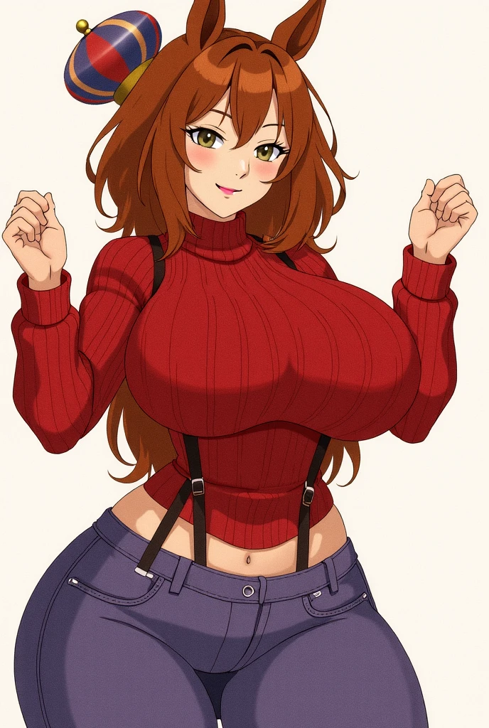 masterpiece, best quality, 1girl, solo, redhair, twintails, very long hair, yellow eyes, hair scrunchie, looking at viewer, lips, parted lips, cowboy shot, pantyhose, short shorts, visible high cut panty under the short, turtleneck, ribbed sweater, (((cleavage))), (((cameltoe)))