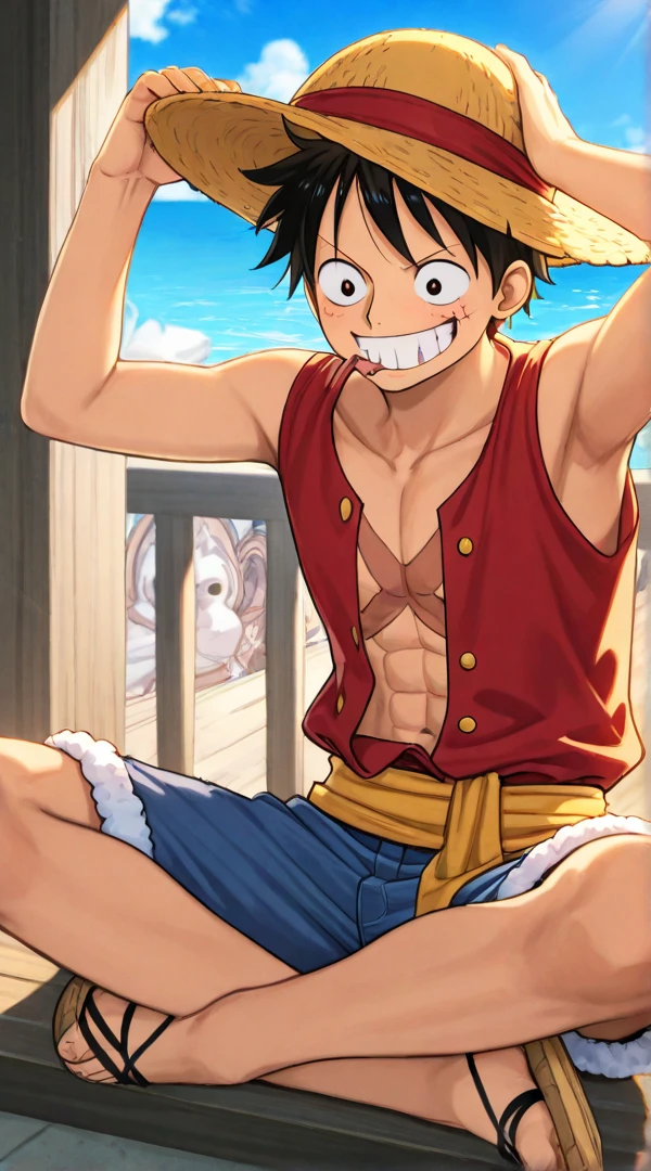 1 men, Monkey D Luffy with his arms crossed smiling 