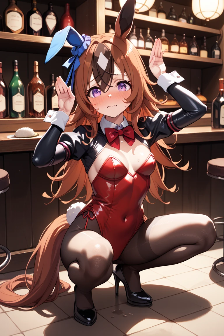 score_9, score_8_up, source_anime, best quality, , long hair, large breasts, standing, looking at viewer, , red clothes, indoor, low angle, squatting, arms behind head, blush, from front, cleavage nami (one piece), 1girl, high heels, meme attire, drinking glass, reverse bunnysuit, orange hair, reverse outfit, pasties, solo, , breasts, animal ears, rabbit ears, bow, cup, bowtie, tail, tray, navel, heart pasties, rabbit tail, long hair, open mouth, fake animal ears, full body,,reverse bunnysuit, maebari, pasties, ((((reverse bunnysuit))))bare waist,