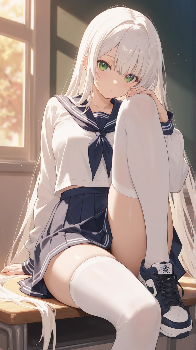 (beautiful anime girl) has long, bright white hair、 (With highly detailed bright light blue eyes)、 (Sitting on a school chair)、Wearing a short school skirt ((I can see the white panties))、(The skirt is up.)、(Thighs thick and sensual)、red blush、embarrassed from、(perfectbody、18year old)、(Vivid colors in image quality 4K)