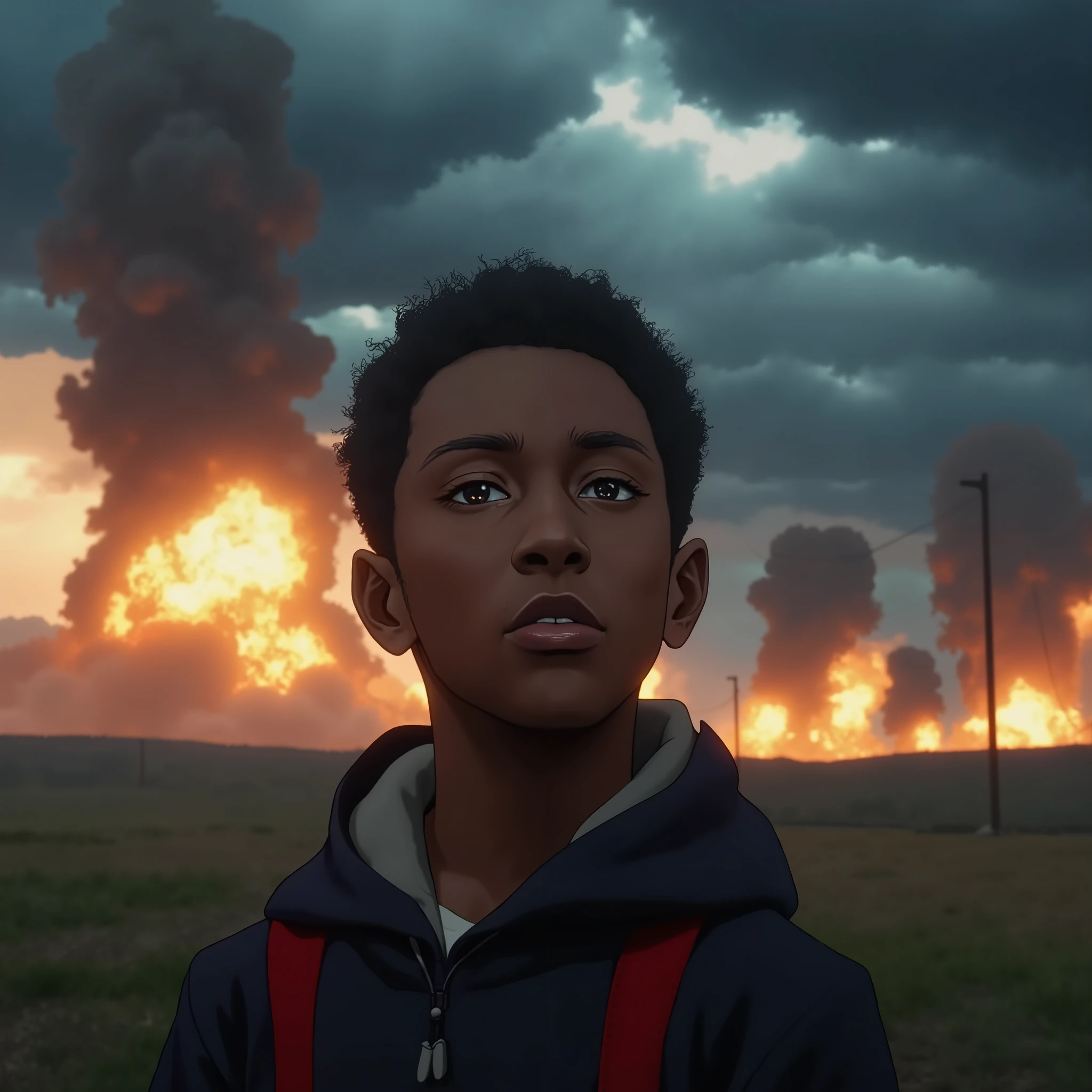 Large explosions on the horizon.; Imagine a black boy in the foreground, with an expression of hope and sadness at the same time, looking up at the dark sky, heavy with clouds. On the horizon, bombs fall, exploding and illuminating the sky with intense and dramatic lights. The scene conveys a sad and tense atmosphere, highlighting the vulnerability and strength of the boy in the face of a difficult moment. The composition focuses on the boy's emotions, capturing hope and fear in a scenario of conflict and destruction., cinematic composition, vibrant colors, depth of field (best quality, 8k, high resolution, masterpiece: 1.2), ultra detailed (realistic, photorealistic, photorealistic: 1.37), cinematic lighting, dramatic shadows, romantic scene.