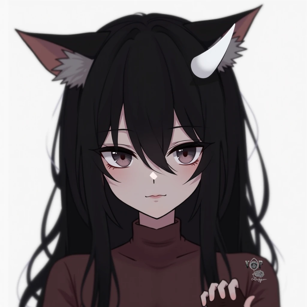 A woman with pale white skin, and completely red and glowing eyes. Her hair is long and black. She has long, sharp snakelike fangs, wolf ears and tail and half of her torso and bust are exposed, revealing the bones and ribs on that side. She is crouched down, looking at a small snake that is sleeping in front of her. The background is a green pasture during the day.