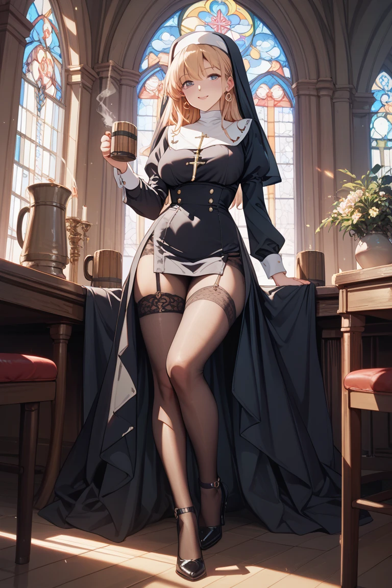 (best quality)), ((masterpiece)), (detailed), pregnant, nun, long skirt with high slit, lace-up, (corset) , high heels, orgasm, sweat, steam, leaning forward, skinny woman, open legs, elect nipples under clothes, embroidery cloak, huge belly, steam punk, pussy juice, love juice, spread pussy, nsfw 