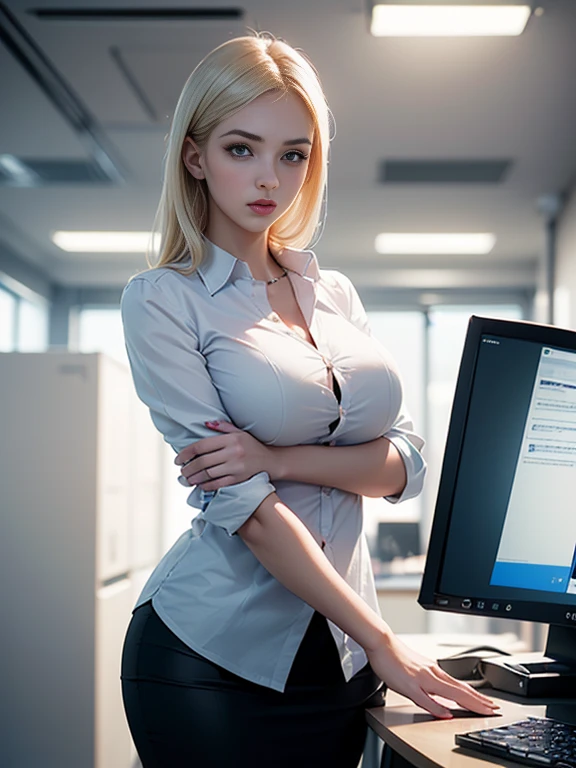 (best quality, 8k, highres, photorealistic:2.0), (solo, one girl:2.0),(lighting: front),(lighting: strong),(ultimate beautiful girl:2.0),(shiny skin),(oily skin),(platinum blonde hair:1.5),Blush brown makeup , dark eye makeup , use pink glossy lipstick,(big eyes girl:1.5),(Photographed in the sophisticated office of an information technology company:1.8),(elite business woman:1.8),(girl amazing sex appeal:1.5),(ultimate eleance),(ultimate erotic),(Career woman who can work very well),(I'm so absorbed in work that I don't have a boyfriend),(woman not interested in love)