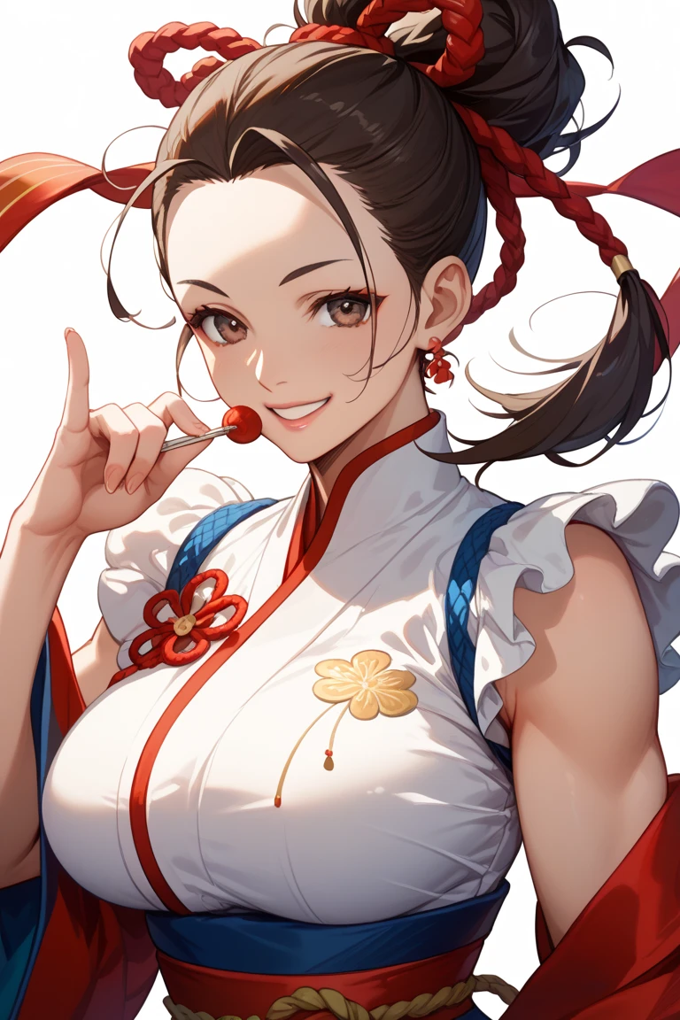 1lady standing, cosplayer, (superhero costume) stylish, belt, (mature female:0.9), /(brown hair/) bangs, kind smile, (masterpiece best quality:1.2) delicate illustration ultra-detailed, large breasts BREAK (anime-related event) outdoors, (outdoor venue), square, crowded, audience, noon, detailed background