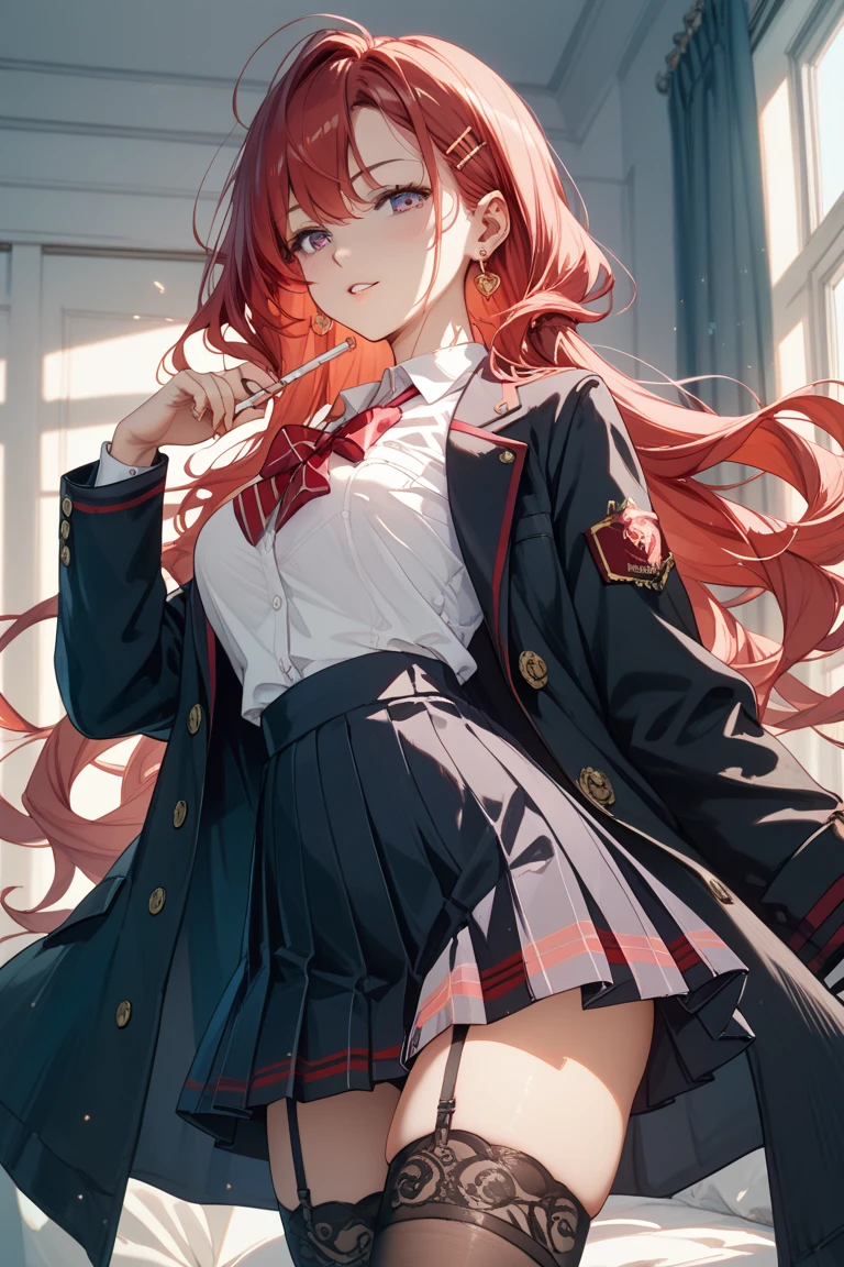 Girl in shorts (pleated yoke skirt), clothes red and black, Twin-Tail red protein hair, in a beautiful background. Full length 2D wallpaper.