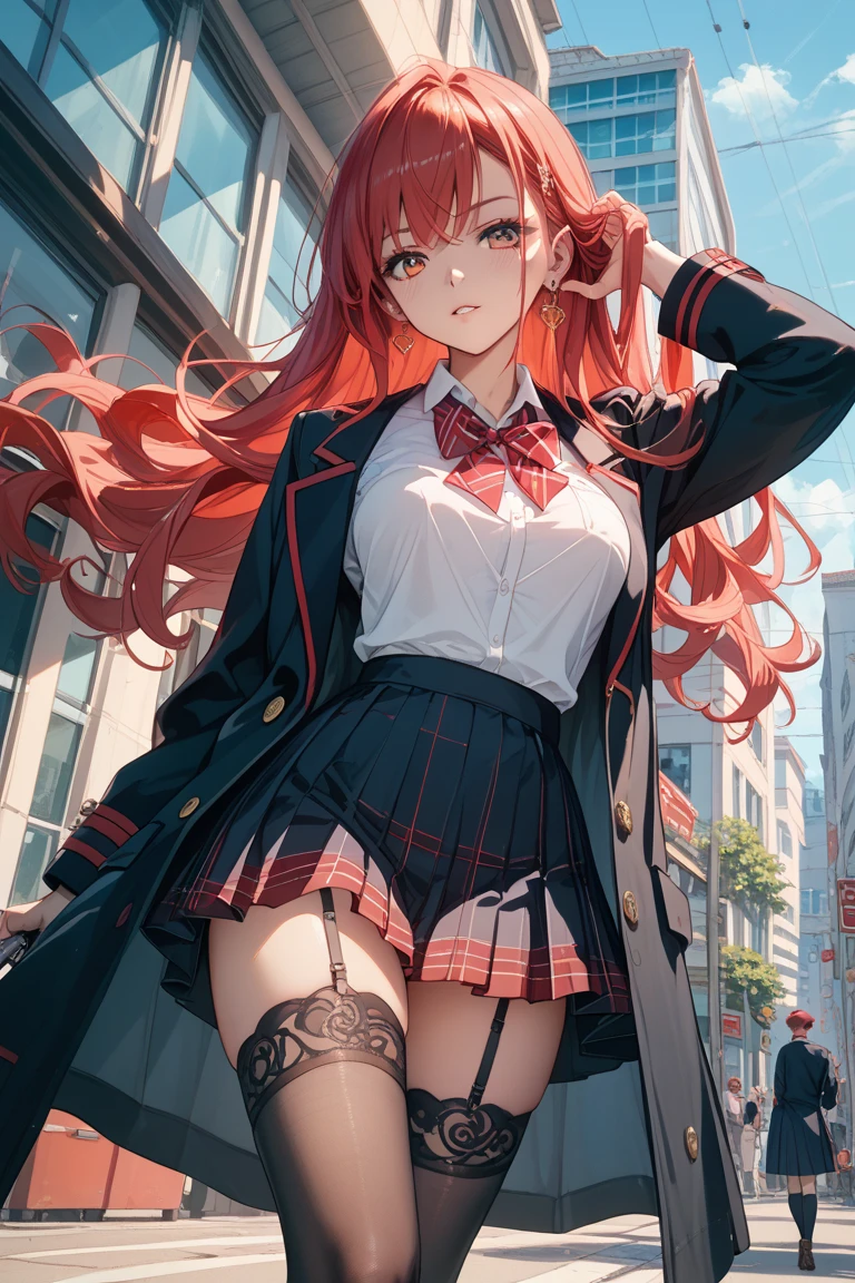 Red hair, Iris, Long Hair, High school girls, medium size breasts,woman, cool,10 equipment, smile, , School, Grey plaid pleated skirt,no weapons