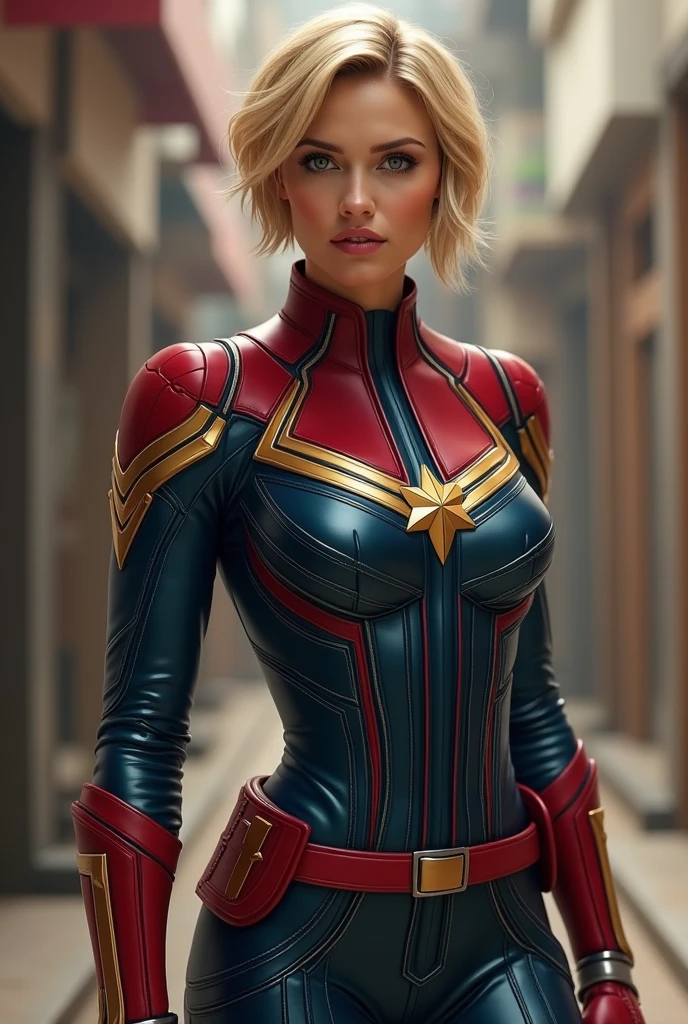 RAW photo of 50 years old Doutzen Kroes Wearing a high-quality Captain America  suit, on the city street, masterpiece, best quality, (photorealistic:1.4), full body, cinematic light,  beautiful woman, medium breasts, platinum hair, (bob haircut:1.2), wrinkles on the face,