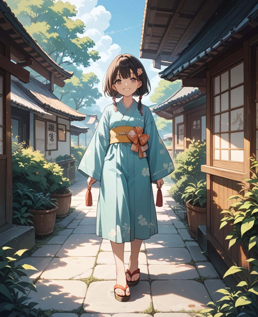 Woodblock prints and ink, A girl turned around, Clothing product samples , kawaii, smile, with colored contacts in her eyes, Accessories, full body,walking , in summer , Kinkakuji Temple in Kyoto