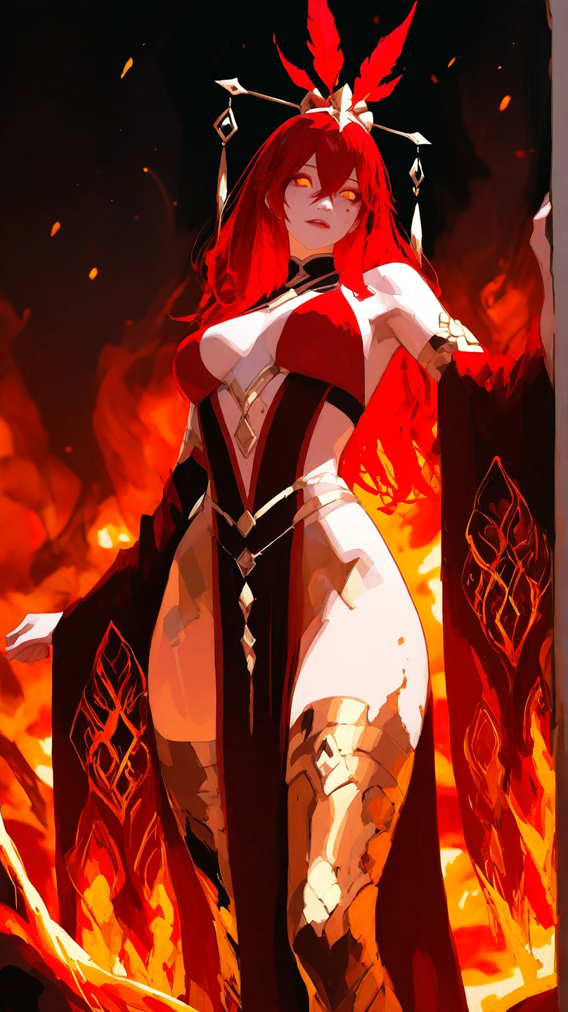 a closeup of a strong amazon woman in her 30s, with red eyes and brown hair, wearing black and red lingerie, a heroine with red eyes, solar powered mage, middle eastern princess, standing in a middle eastern temple, new costume design concept, Sword and soul style., full body character concept, detailed character design, inspired by Yang Jin, inspiration from Li Mei Shu, chinese suit, inspired by Lan Ying, inspired by Sim Sa-jeong, Inspired by Li Tang, moon themed outfit, costume with orange details, inspired by Ju Lian, colored concept art, highly detailed character design, Very detailed face, inspired by Ai Xuan, very Very detailed face, unreal engine rendering, final fantasy style 14, inspired by Leng Mei