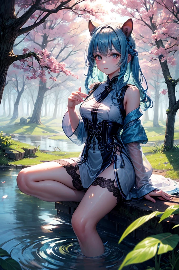 Vivid colors, Fantastic atmosphere, Delicate flowers, Gentle sunshine, Cute Beautiful Girl,Blue hair long hair, Black eyes、Gentle expression, Fantastic beauty, Lace Pink Lingerie, full body seen、Elegant Pose, Forest full of flowers、Quiet atmosphere, artistic composition、face lights