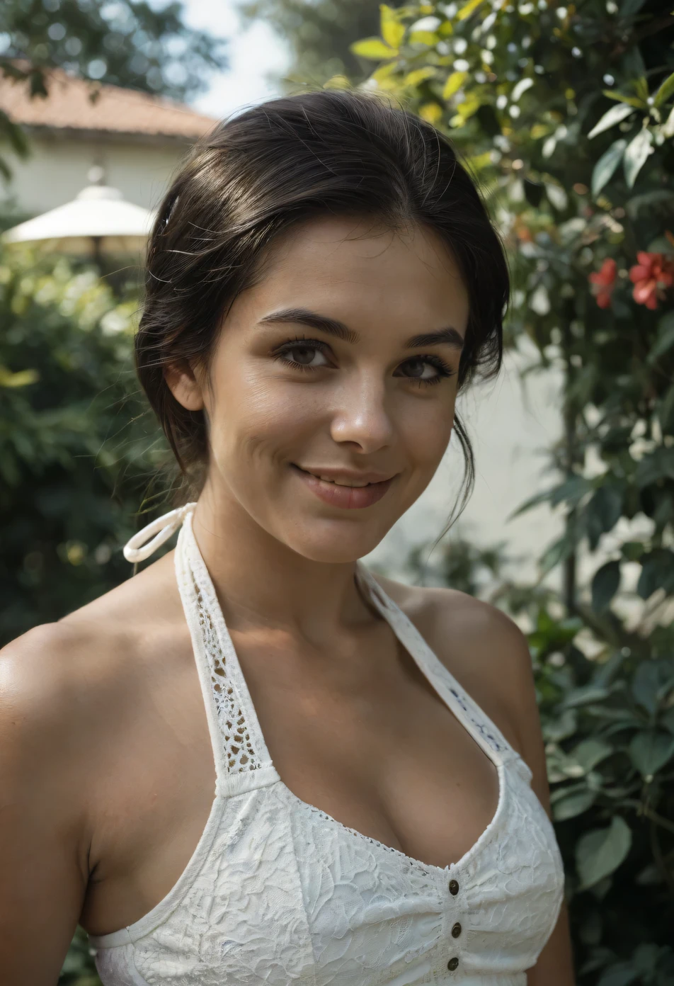 A young Moroccan woman with long jet-black hair and a white, halter-neck top is smiling and looking off to the side in an outdoor setting. The image is a close-up portrait of a woman. The composition focuses on her from the mid-chest up, with the background softly blurred. Her expression is one of pleasant engagement. The lighting suggests an outdoor setting, with natural light creating subtle highlights and shadows on her face and hair. The focus is primarily on the woman, with the background and surrounding area being softly out of focus. The framing is close and personal, emphasizing the woman's features. The primary subject is a woman with long, dark hair. She has a warm, friendly expression, with a smile that suggests happiness or contentment. Her posture is relaxed. She is wearing a white, halter-neck top and her skin appears smooth. No other details of clothing are apparent. The artistic medium appears to be photography. The technical execution is good, with a clear image and natural lighting. The style is simple and focuses on capturing a moment in time, with attention to detail in the woman's features and expression. The setting is outdoors, possibly a garden or park, judging from the soft, out-of-focus background of greenery. The lighting is natural, with soft, diffused light falling on the woman. The atmosphere is relaxed and pleasant.