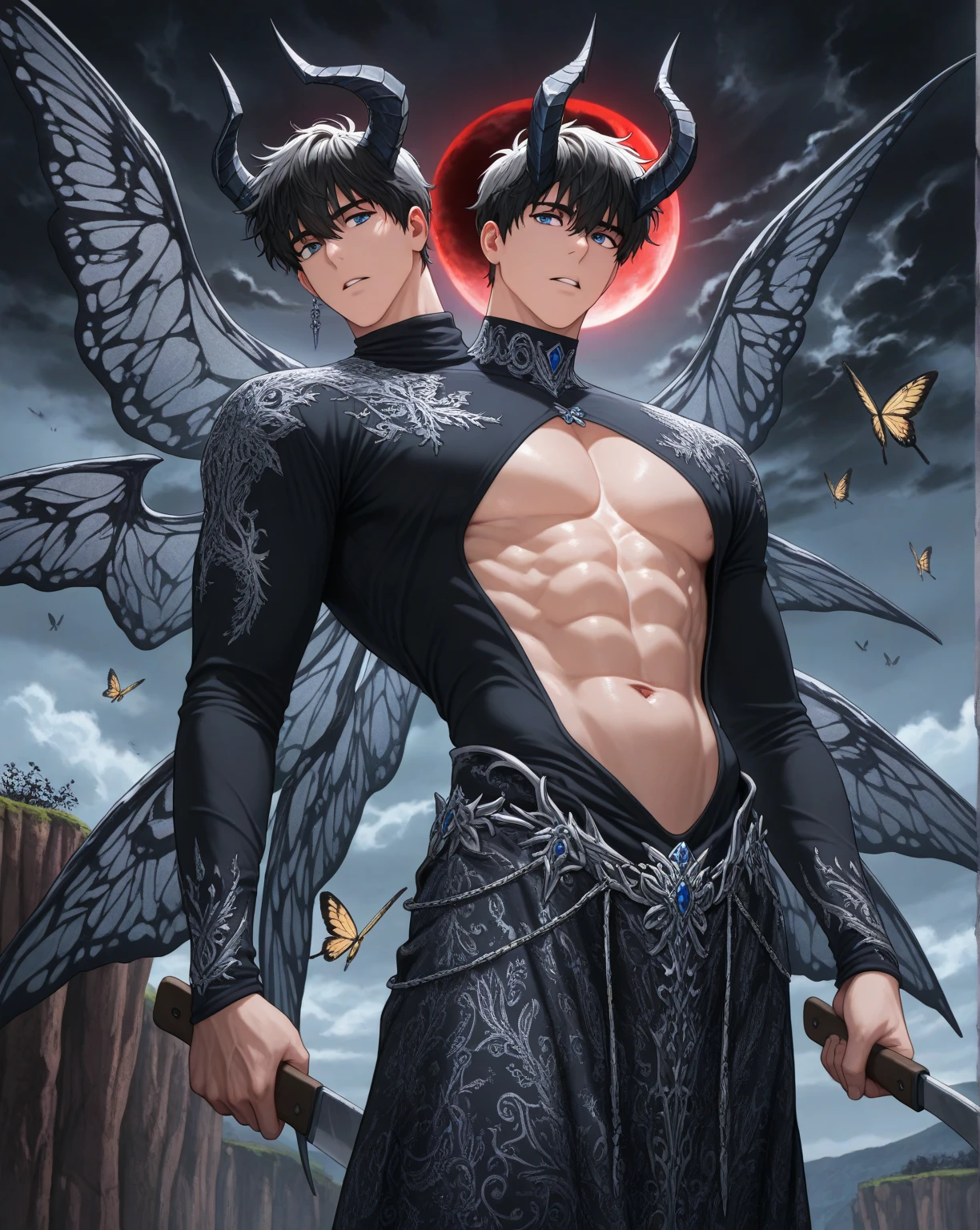 absurdres, highres, ultra detailed, HDR, master piece, best quality, Eiden, brown hair, expressive brown eyes, Nu Carnival, solo, sexy man, handsome, horny, lewd, demon, horns, black leather clothes, red cape, accessories, showing the chest, red sky, red moon, red trees, red spider lilies, fantasy, dark magic, magical
