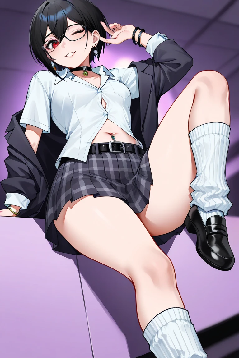 ((((Super skinny))),(((super petite))), (((flat boobs))), ((Naked)),(((baby face))), (((open pussy))), ((cum coming out of pussy)), cum, ((((black stockings), 1girl, woman, emo_hairstyle, black lipstick, dog collar, eyeliner, eye shadow, smoky eyes,black hair, , bob style hair cut, brown eyes, gold glasses, realistic lighting, school, shirt , necktie, skirt, black tighhighs, short hair, flat chest, shiny skin, smug, smirk., siting on couch legs open