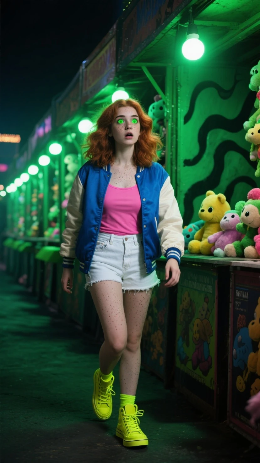 a 16 y.o. trashy girl, ginger girl very pale skin full of freckles, pink, blue, yelow... top and mini skirt,very thin, very very large puffy ears, big long nose,flat stomach, recording a in an abandoned airport full of abandoned airplanes, dynamic poses,