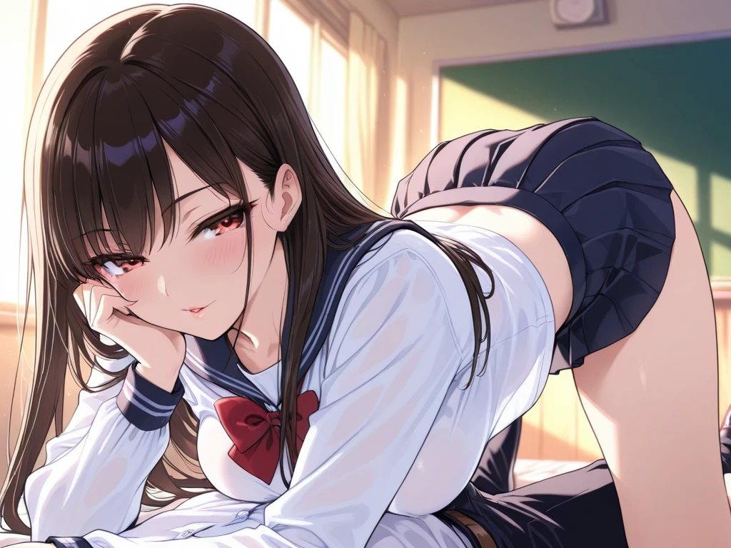 (((masterpiece, Highest quality, High resolution, 超High resolution, Perfect Pixel, Depth of written boundary, 4K, RTTX 10.0))), Beautiful Anime Woman, Beautiful art style, Anime characters, ((Smooth texture, Realistic texture, Anime CG Style)), Exact finger count、Exact number of legs、(Exact number of arms:1.0, Exact number of hands:1.0), (Perfect hands, Perfect Anatomy), Cinematic, Realistic, Extremely detailed CG, Daytime lighting, Perfect lighting, Best Shadow, The best natural light, whole body, Perfect body, バランのとれたPerfect body, Perfectly balanced style, (Slender body:1.2), ((Long Hair, bangs, Reddish brown hair, Stylish hairstyle)), ((One cute woman is straddling the crotch of a male student lying on his back., Cowgirl:1.8)), A male student with an accurate body lying on his back, (Inserting penis into vagina while wearing panties:1.5), (pussy juice:1.5), ((Sailor suit tops, Sailor collar, White shirt:1.3), (Sexy and cute white panties 1.3), (Stylish shiny white satin panties, Side-tie panties, Panties with plain white center and lace decoration on the sides:1.3), (Thin panties:1.3):1.3), (Beautiful big boobs:1.1), (Embarrassed expression:1.4), blush, (sexual pleasure expression:1.5), (The expression of someone who is holding in the toilet:1.4), (Look up, Half-close your eyes:1.4), (School classroom, Affair in the classroom, Sexual services in the classroom at the school festival:1.3), Angle from the front