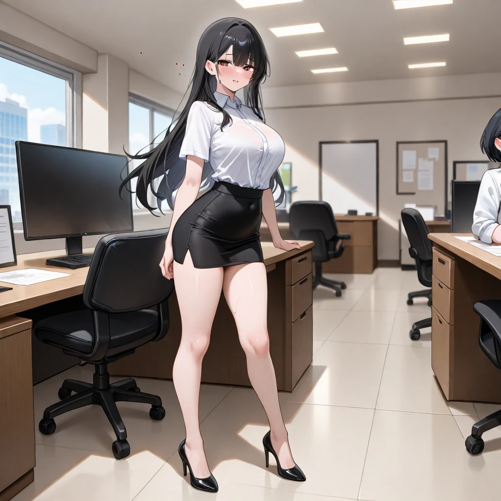 (solo 1 very skinny office lady standing in office:1.3), (swaying back), standing exactly, (arms behind back:1.2), (black business suits:1.3), (black blazer with closing chest:1.3), (white dress shirts under blazer:1.3), disproportionately (bursting gigantic huge breasts:1.5), necktie, (inconceivably narrow waist:1.3), too short black skirt, slim hip, thigh gap, very skinny long legs, highheels, nose blush, perfect anatomy, (orgasm)