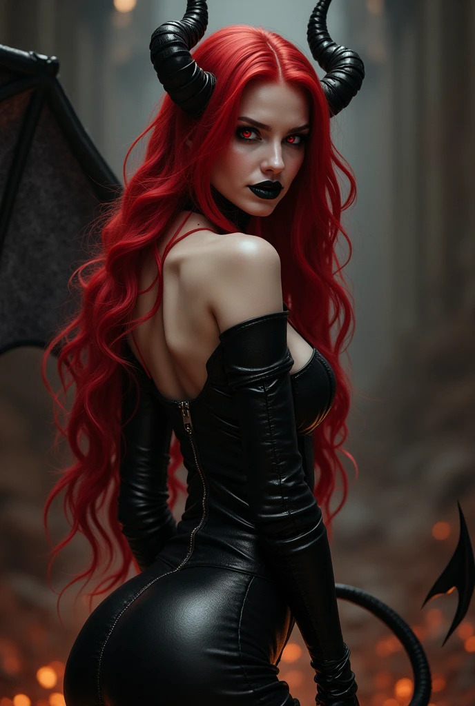 adult female demon, perverse expression, red hair, a pair of black horns, yellow eyes, a pair of wings