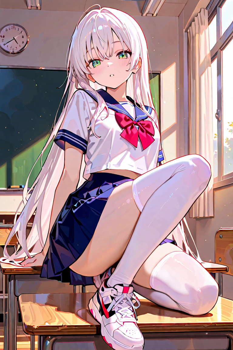 One girl with long hair, white hair, blue inner hair, looking at viewer, embarrassed, blushing, tears, indoor , classroom, pink uniform, pink sailor uniform, white shirts, pleated skirt , pink skirt, mini skirt, skirt lift, lifting skirt, panties, lace panties, lace bra, midriff, slim, dizzy, choker, mid-chest, wide hips, perfect waist, spread legs, day atmosphere, hair ornament, standing, (embarrassed:1.0)