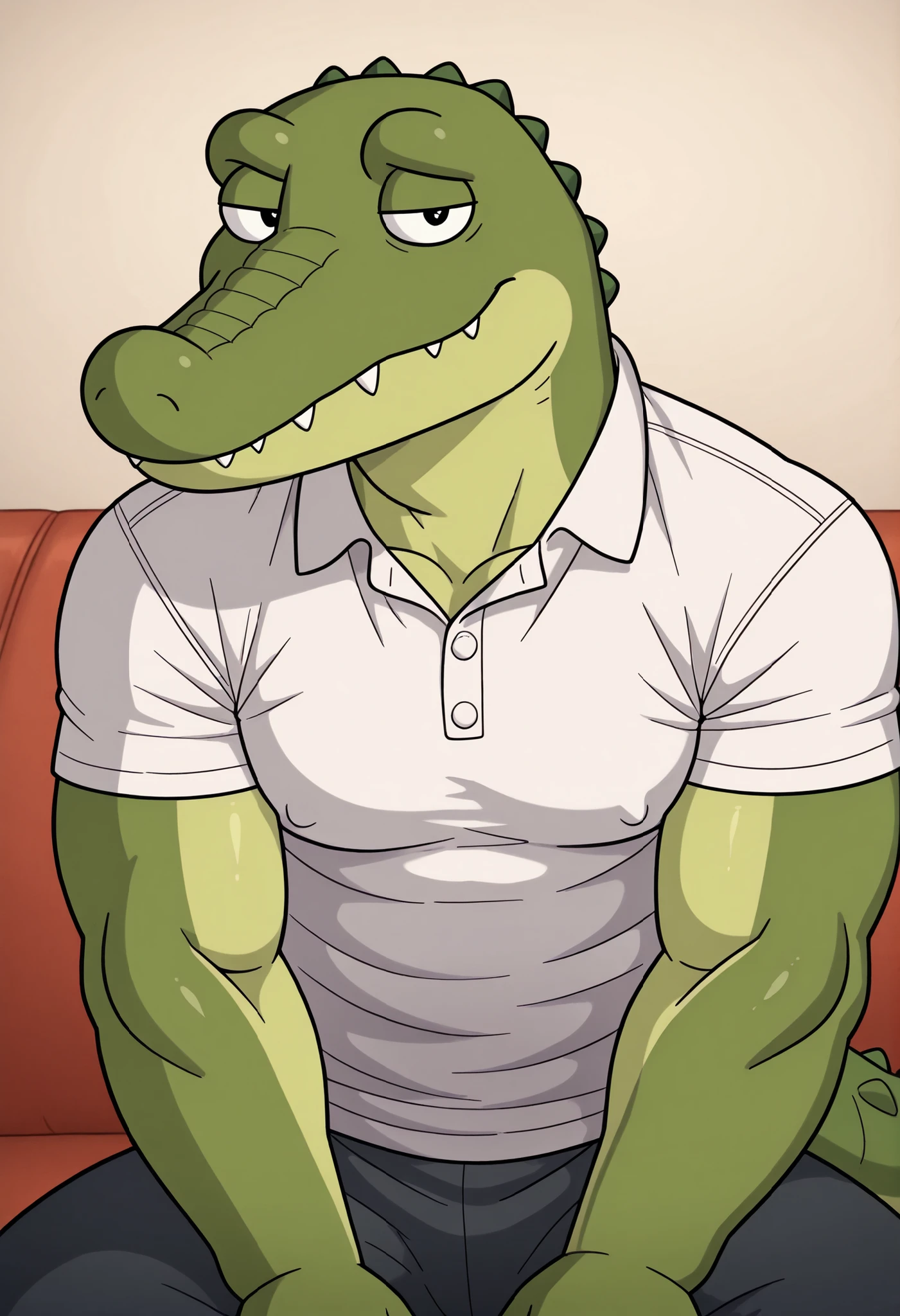 crocodilian, alligator, solo , furry, male, male, casual pose , looking at viewer, dominant, detailed face, bara, wearing white collared polo shirt, sitting on couch, narrowed eyes
, 2024, 2023, 3z01d, masterpiece,best quality,amazing quality, close-up, nipple through shirt