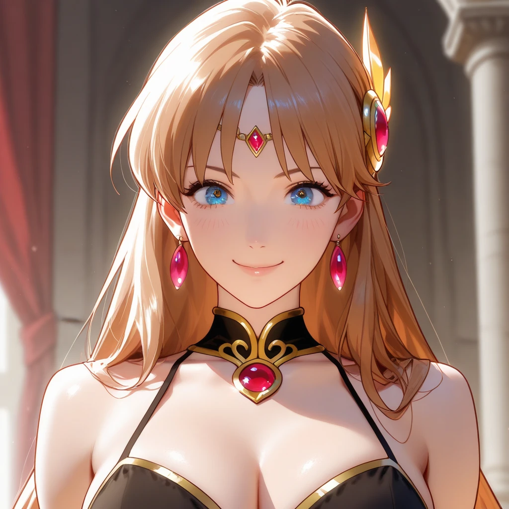 (best quality,4k,8k,highres,masterpiece:1.2), ultra-detailed, realistic, perfect lighting, beautiful detailed eyes, extremely detailed face, perfect hands, perfect anatomy, in a royal palace party, milf, a majestic crown on head, long curly blonde hair, mesmerizing red eyes, wearing a seductive colourful gown, sexy royal gown, looking at the viewer in a lustful way, both hands on hips, smiling, upper body only.