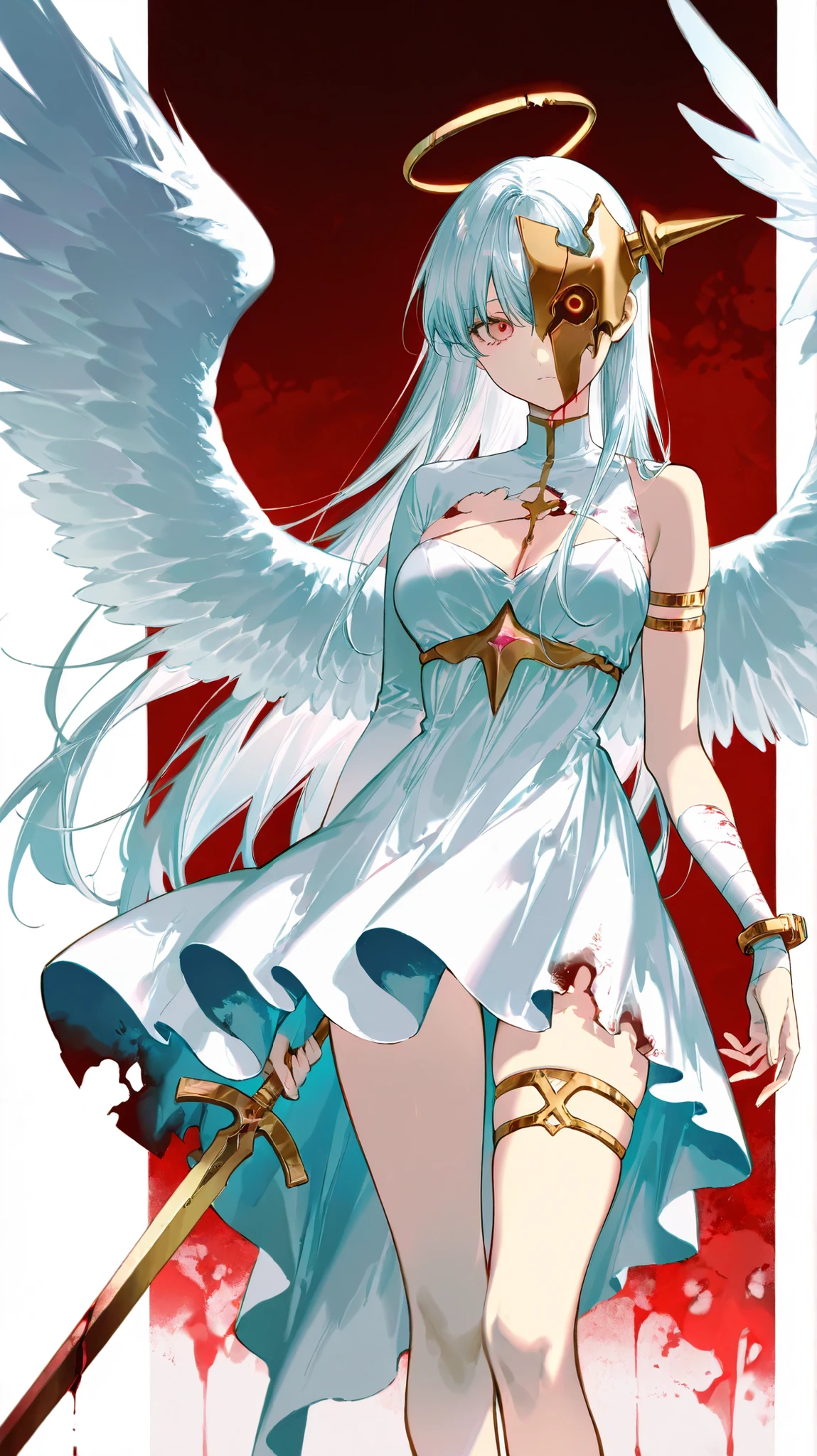 ((masutepiece, Best Quality)),Photography, Detailed skin, Realistic, Photorealsitic, 8K, Highly detailed, full length frame, High Detail RAW Color Art, diffused soft lighting, Shallow depth of field,
Red Edge Garuda_Dress, White and Blue Bird_Woman with spread wings ,Light blue long hair、Twin-tailed、Wearing a red Edge Garuda_Dress