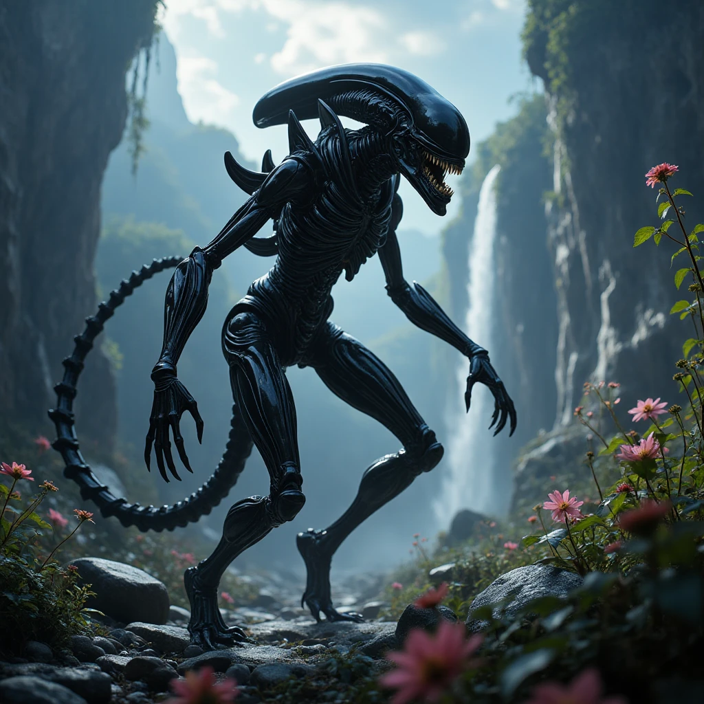 (cowboy shot),  sfw, (masterpiece), (best quality:1.0), (ultra highres:1.0), detailed eyes
BREAK
xeno, monster, sharp teeth, science fiction, quadra ped, tail, down on all fours, dog like, symmetrical
green blood, acid
BREAK
(forest, moonlight, gorgeous view)