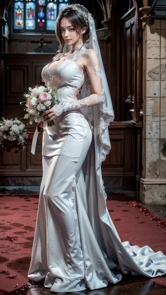 full body, full shot, detailed and detailed extremely beautiful slender sexy endomorph bride 176 cm tall graceful in a red-black wedding dress with intricate lace patterns and a beautiful long black veil with intricate patterns stands in partial shade among the columns of a beautiful building, a beautiful side soft falls on her during the day light forming in the center of the body falls beautiful chiaroscuro on the face and body with her hands the bride holds the wedding dress pose beautiful sexy C-shaped stilettos of cream color with intricate patterns, the bride's face is European perfectly beautiful proportions neat facial features eyes bright green blue eyelashes long and fluffy, the body of the bride is slender and graceful, the legs are graceful and longer than the body in proportion, the hands are graceful in precious jewelry, on the head of the bride there is a wedding tiara with beautiful diamonds, the skin is natural detailed, the skin of the pores, the skin is natural luster, the skin color is perfect, the cheeks are slightly ruddy, in detail and in detail wavy long blonde hair knee length beautifully flowing,side daylight soft lighting,hyper detail,clear focus,hyperphotorealism,hypernatural,jery gionis style