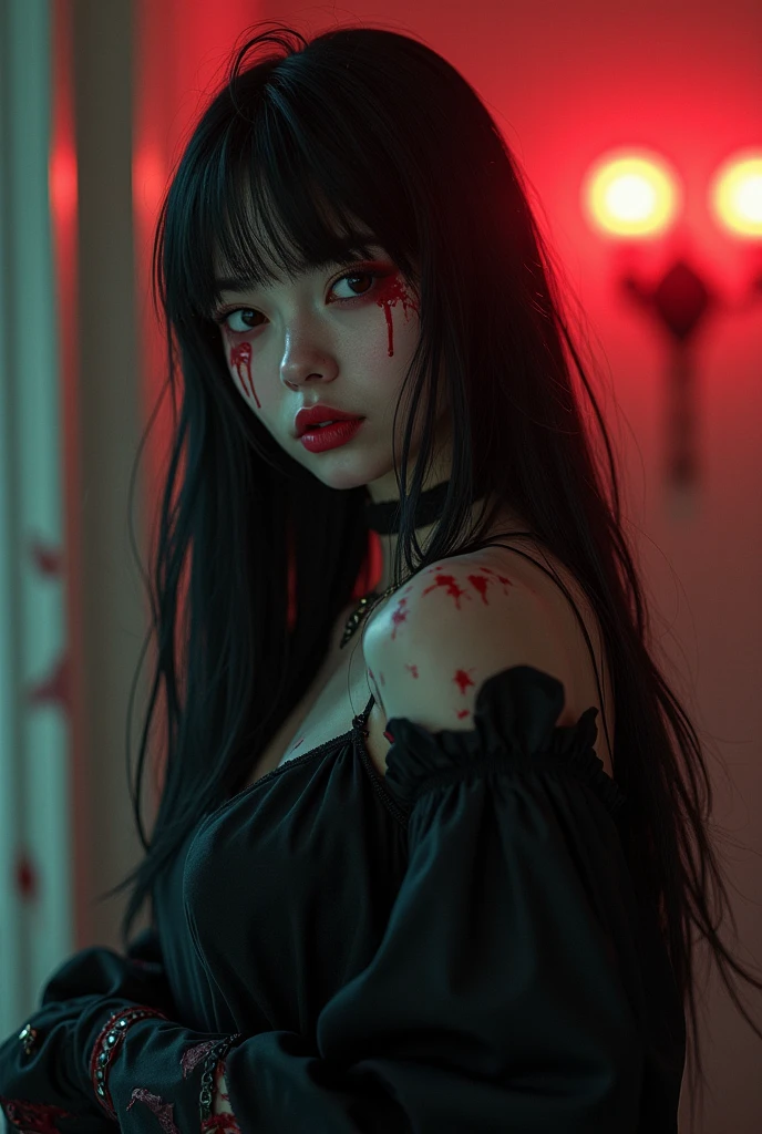 ((Top Quality, 8k, Masterpiece: 1.3)), (((Masterpiece))), Top Quality, Super Detail, Anime Girl With Blood on Her Face and Arms, Bloody + Concept Art, Female Vampire, Fantasy Horror Art, Horror Fantasy Art, Dark Fantasy Horror Art, Beautiful Zombies, Deviant Art Art Station CGSCOSIETY, Female Vampire Warrior, Elegant horror artwork, dark fantasy style art, blood in the body, dark fantasy art style, vampire girl