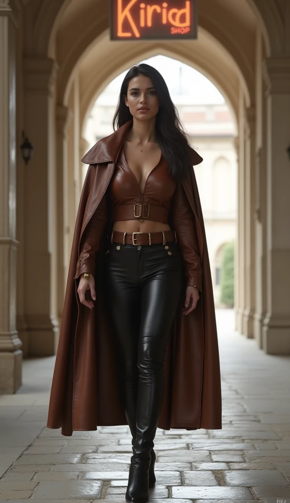 (Meisterwerk), high quality, medieval setting, Lara Croft waling forward, undressing on the move with flowing motion dropping a white wizard robe, revealing a short leather skirt, seductive in a medieval arabian small towns marketplace