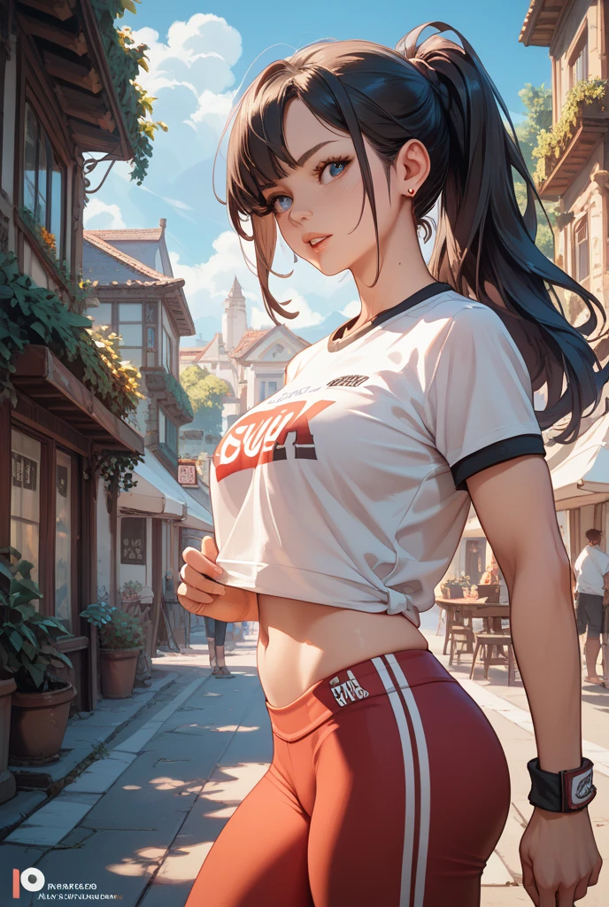 Masterpiece: 1.2, best quality), realistic, (real picture, rich details details, depth of field), (1girl, solo), makeup, cleft lip, high detail, perfect face shape, (big breasts: 1.4), (skindentation), thick thighs, wide buttocks, Thin waist, tall, coral, red lips, red eyes, ponytail (girl playing basketball, red basketball suit), (sweat: 1.2), (wet), sexy, blush