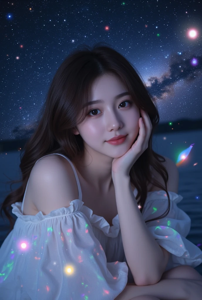 A very cute face like an idol、Looks like a young face、20-year-old female、Gentle and cute、Cleavage、Beautiful starry sky、(Looking up at the night sky)、((Dim lighting))、RAW Photos、Genuine、live-action、（Romantic)、(Artistic Expression)、(Fantasy)、High resolution、masterpiece