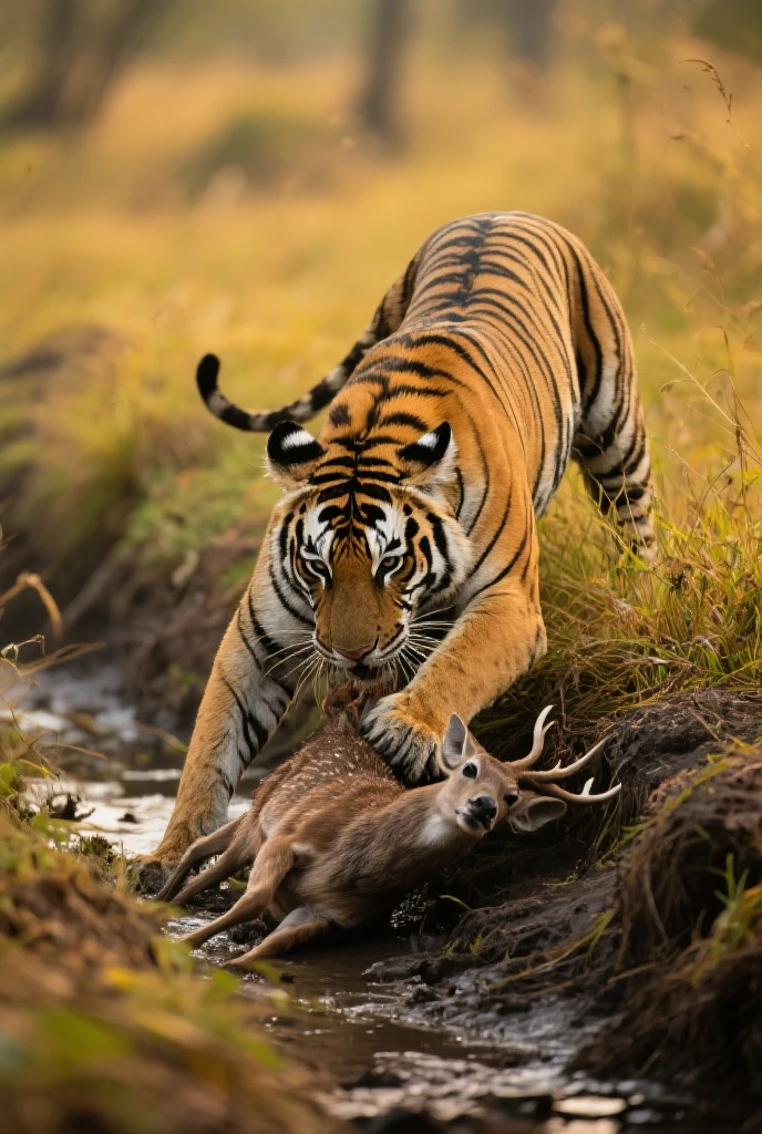 বাঘটি নিজের শরীর ঝুঁকিয়ে হরিণটিকে খাদ থেকে টেনে তুললো।