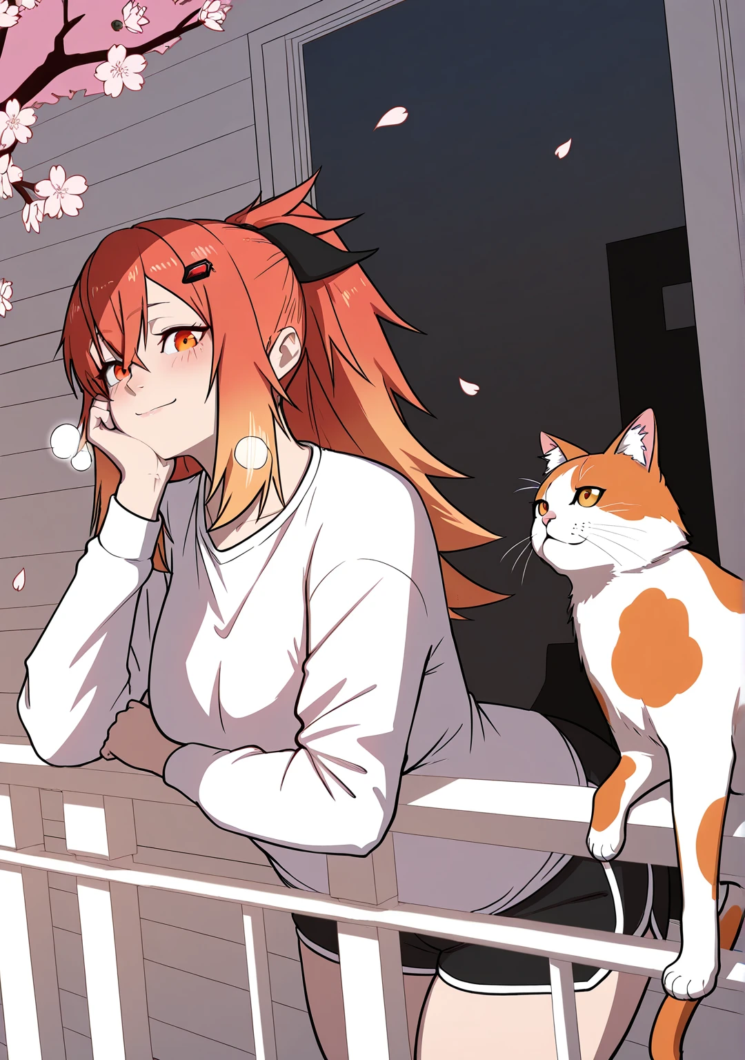 , (minami_koyogi-style:1.2), (luxu-style), anime coloring, ((Cinematic, unreal engine, eye-catching, ambient occlusion, UHD, masterpiece)), ((perfect lighting, dim lighting)), comic, score_9, score_8_up, score_7_up, score_6_up, score_5_up, score_4_up, uncensored, detailed background, vignetting, high quality, absurdres, best quality, very aesthetic, newest, digital art, trending on ArtStation, ((anatomical correct)), perfect body, perfect eyes, perfect fingers, gasping, heavy breathing, gasping profusely, ((skindentation)), ((curvy)), surenalysandrav1, orange hair, red hair, multicolored hair, gradient hair, two-tone hair, sidelocks, ponytail, bangs, black ribbon ,hair ornament, hair between eyes, red eyes, orange eyes, gradient eyes, plump, 1girl, cat, shorts, cherry_blossoms, smile, solo, blush, shirt, long_sleeves, balcony, black_shorts, looking_at_viewer, petals, white_shirt, outdoors, railing, short_shorts, building, head rest, dolphin_shorts, tree, window